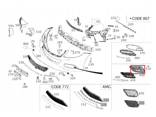 MERCEDES W222 Kratka zderzaka przedniego wewnętrzna prawa A2228850254