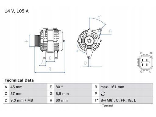 0 986 082 410 Alternator (14V, 105A) Pasuje Do: Honda Accord Viii, Cr-