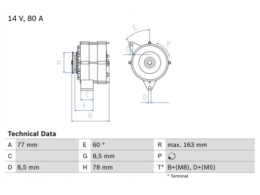 0 986 034 170 Alternator (14V, 80A) Pasuje Do: Bmw 3 (E30), 5 (E28), 6