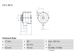 0 986 034 170 Alternator (14V, 80A) Pasuje Do: Bmw 3 (E30), 5 (E28), 6