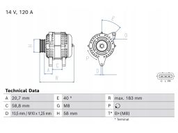 0 986 085 190 Alternator (14V, 120A) Pasuje Do: Hyundai I40 I, I40 I C